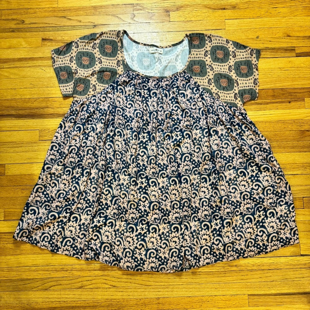Natural Life Womens Mixed Print Babydoll Tunic Top Blue Pink Rayon Size Medium